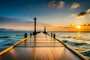 a wooden pier stretching out into the ocean at sunset. AI-Generated photo