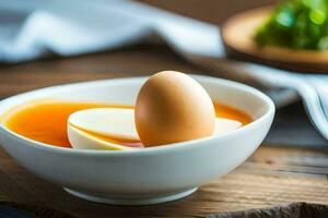 an egg in a bowl with a spoon. AI-Generated photo