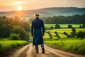 un hombre en un sombrero y azul vestir caminando abajo un suciedad la carretera. generado por ai foto