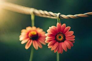 two pink flowers hanging from a rope. AI-Generated photo