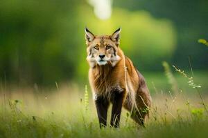 a red fox stands in the grass. AI-Generated photo