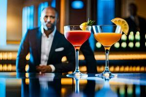 a man in a suit is standing behind two cocktails. AI-Generated photo