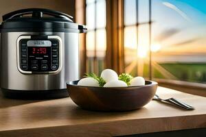 an instant pot on a counter with eggs and a bowl. AI-Generated photo