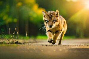 a lynx running on a road in the sunlight. AI-Generated photo