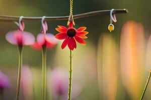 a red flower hangs from a branch in front of a field of flowers. AI-Generated photo