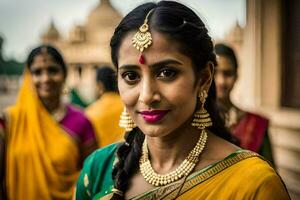 indian bride in yellow sari with gold jewelry. AI-Generated photo