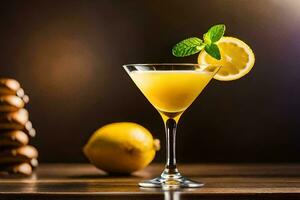 a cocktail with lemon and mint on a wooden table. AI-Generated photo