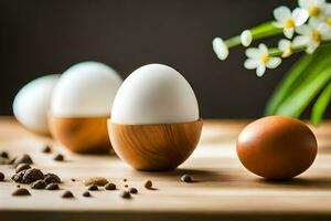 chocolate eggs and white flowers on a table. AI-Generated photo