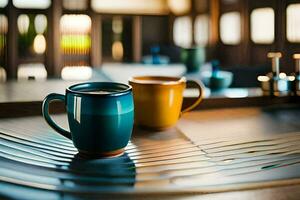 two coffee cups sit on a table in a restaurant. AI-Generated photo
