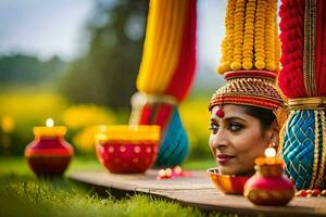 a woman in traditional indian attire sits on a wooden platform. AI-Generated photo