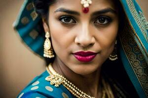 a beautiful indian woman wearing a traditional sari. AI-Generated photo