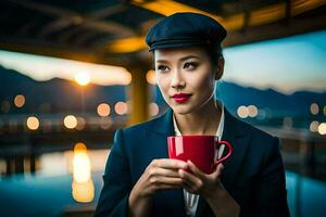 un mujer en un sombrero participación un rojo taza. generado por ai foto