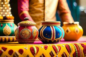 a man in traditional indian attire is holding a pot. AI-Generated photo