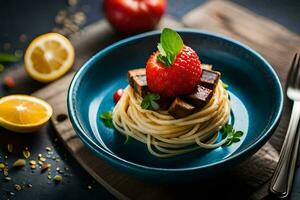 spaghetti with meat and strawberries on a wooden table. AI-Generated photo