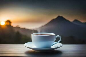 a cup of coffee on a wooden table in front of a mountain view. AI-Generated photo
