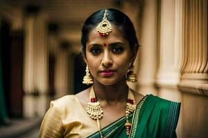 a beautiful indian woman wearing traditional jewelry. AI-Generated photo