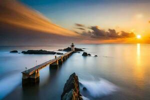 a long exposure photograph of a lighthouse at sunset. AI-Generated photo