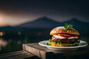 a hamburger on a plate with mountains in the background. AI-Generated photo