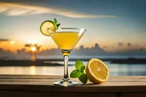 a cocktail with lemon slices and mint on a wooden table. AI-Generated photo