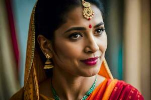 a woman in a sari with gold jewelry. AI-Generated photo