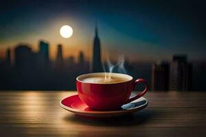 coffee cup with a cityscape in the background. AI-Generated photo