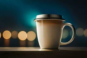 a coffee cup on a table with blurred lights. AI-Generated photo