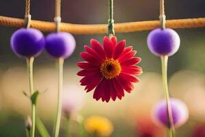 a red flower is hanging from a string. AI-Generated photo