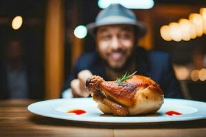 a man in a hat is holding a chicken on a plate. AI-Generated photo