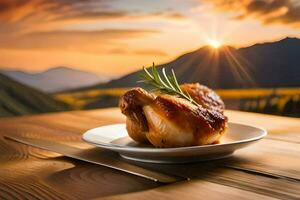 chicken on a plate with a view of the mountains. AI-Generated photo