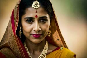 un mujer en tradicional sari con oro joyas. generado por ai foto