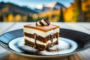 a piece of cake on a plate with mountains in the background. AI-Generated photo