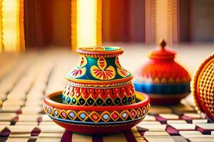 colorful pottery on a table with a lamp. AI-Generated photo