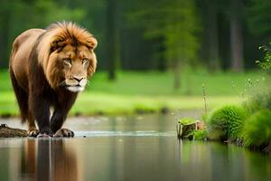 un león caminando a través de un río en el bosque. generado por ai foto