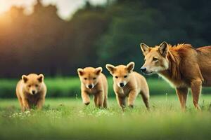 a group of dogs walking in the grass. AI-Generated photo