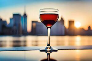 un vaso de vino en un mesa en frente de un ciudad horizonte. generado por ai foto