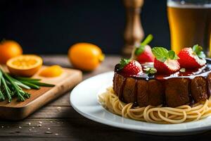 a plate with spaghetti and strawberries on top. AI-Generated photo