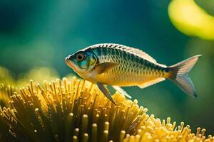 a fish is standing on top of a plant. AI-Generated photo