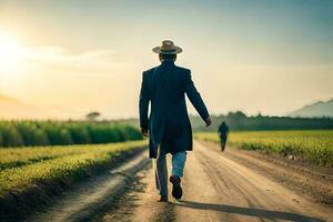 a man in a suit and hat walking down a dirt road. AI-Generated photo