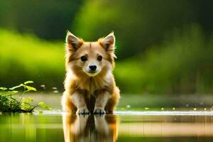 a small dog standing in the water with grass and trees in the background. AI-Generated photo