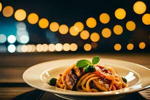 a plate of pasta with tomato sauce and meat on a wooden table. AI-Generated photo