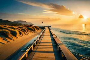 the boardwalk leads to the beach at sunset. AI-Generated photo