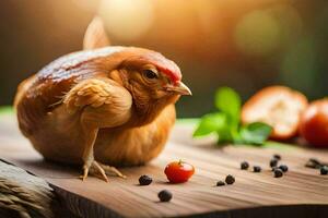 a chicken is sitting on a wooden table with tomatoes and peppers. AI-Generated photo