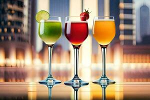 three glasses of different colored drinks on a table. AI-Generated photo