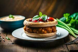 un pollo emparedado con salsa en un lámina. generado por ai foto