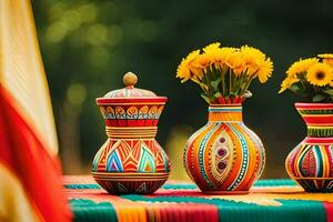 three colorful vases with yellow flowers on a table. AI-Generated photo