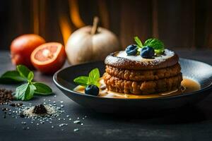 a plate of pancakes with blueberries and cinnamon. AI-Generated photo