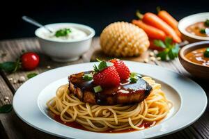 a plate of spaghetti with meat and sauce. AI-Generated photo