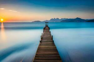 a wooden pier stretches into the ocean at sunset. AI-Generated photo