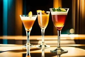 Tres diferente tipos de bebidas son mostrado en un mesa. generado por ai foto