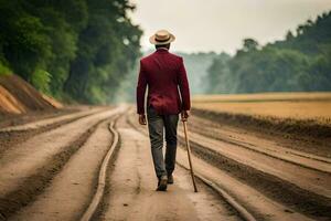 un hombre en un rojo chaqueta y sombrero caminando abajo un suciedad la carretera. generado por ai foto